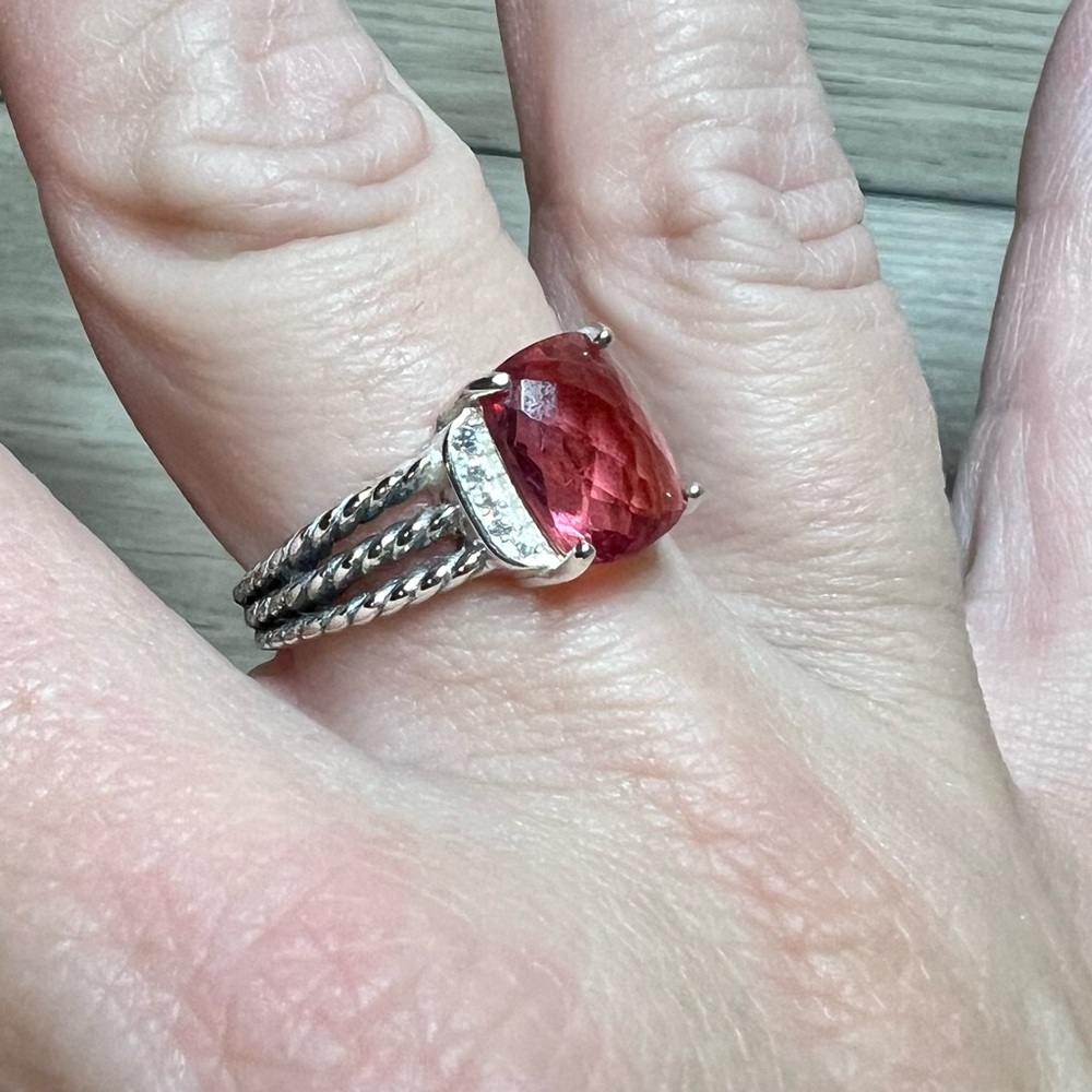 David Yurman Sterling Silver Petite Wheaton 10x8mm Pink Tourmaline/Diamond Ring - Picture 7 of 8